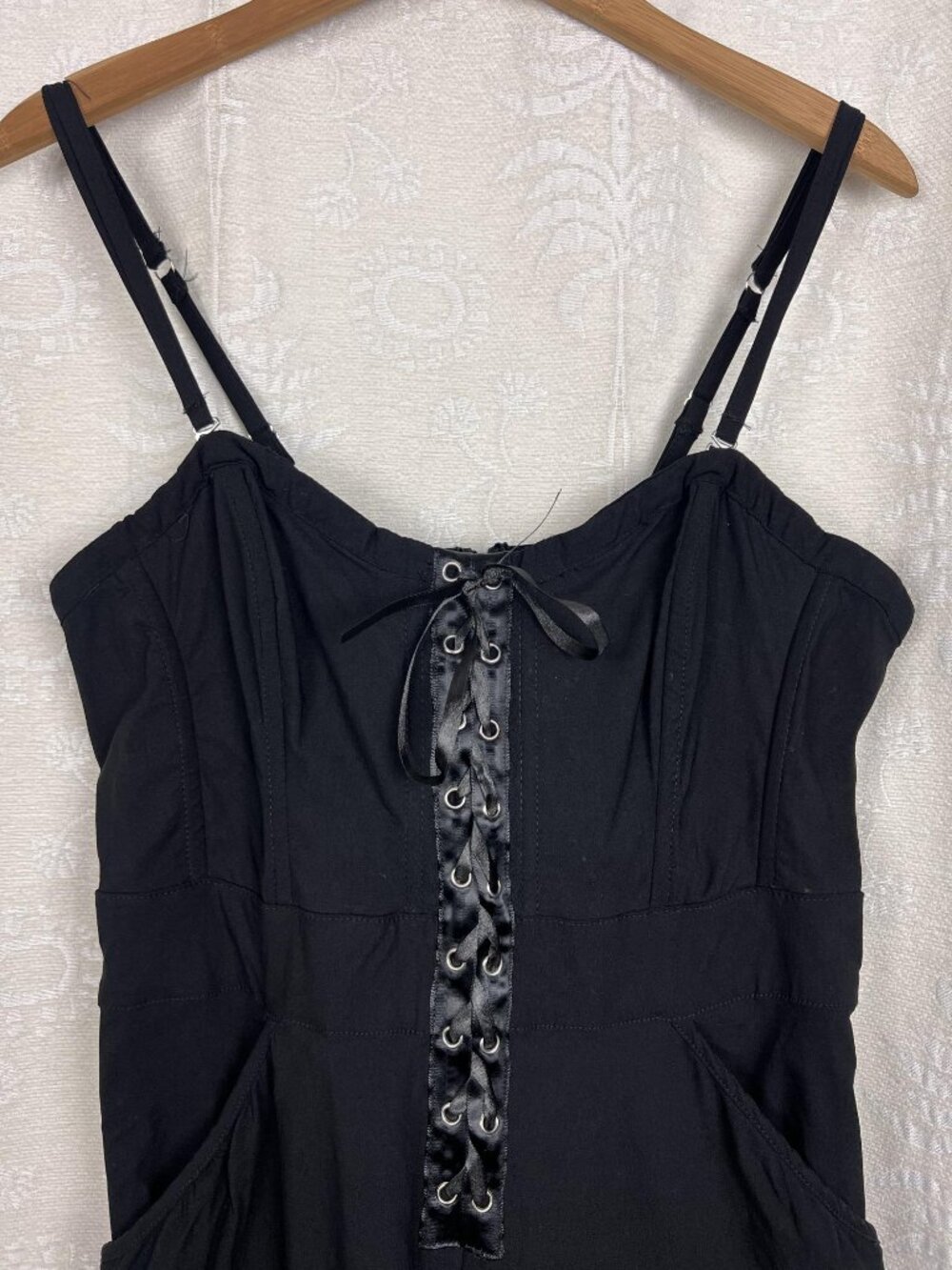Unique Vintage corset-style black jumpsuit stretch cropped retro pinup vamp L - Picture 3 of 10